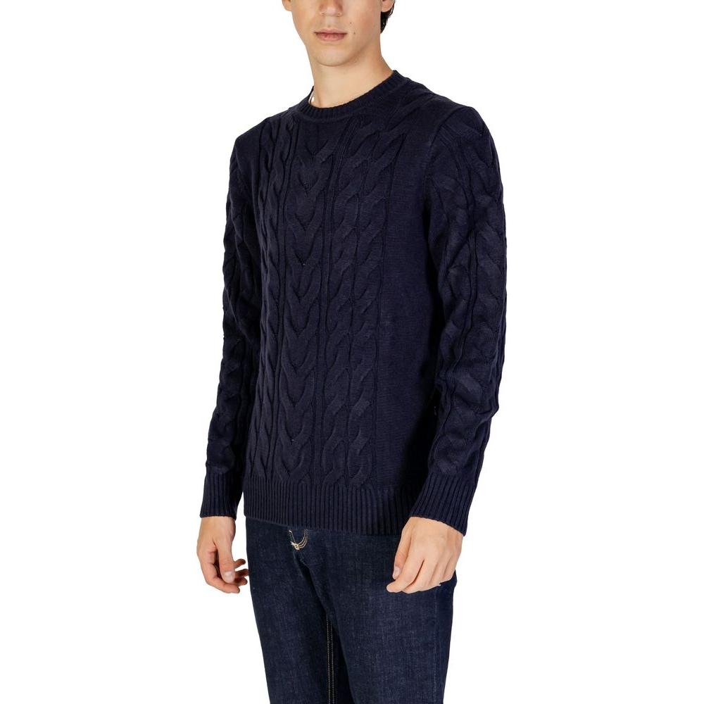 Men's Hamaki-Ho blue acrylic sweater, cable knit design, fall/winter collection, 70% acrylic, 30% nylon.