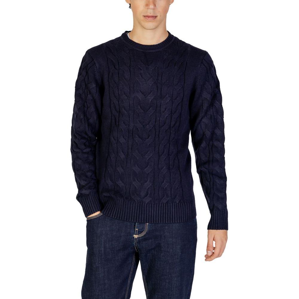 Men's Hamaki-Ho blue acrylic sweater, fall/winter collection, featuring knit design, 70% acrylic and 30% nylon composition.