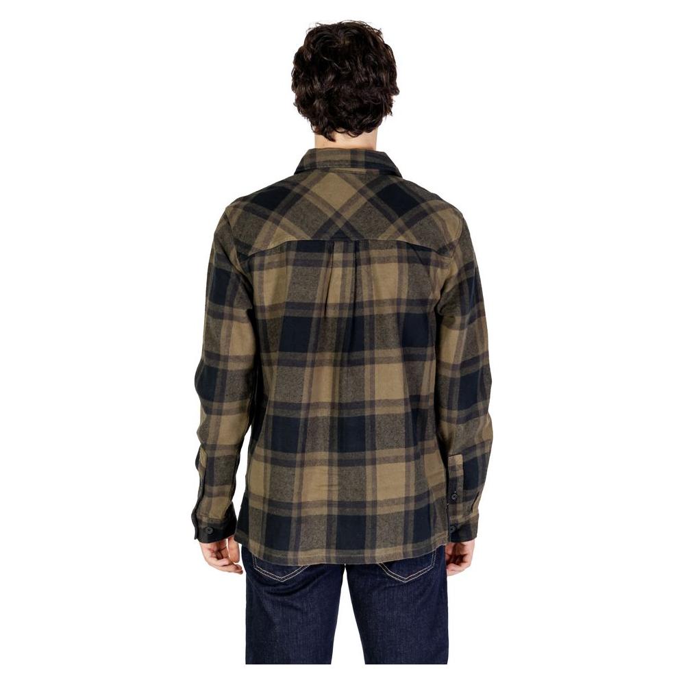 Back view of a man wearing a plaid shirt, featuring brown and black checkered pattern, suitable for fall and winter seasons.