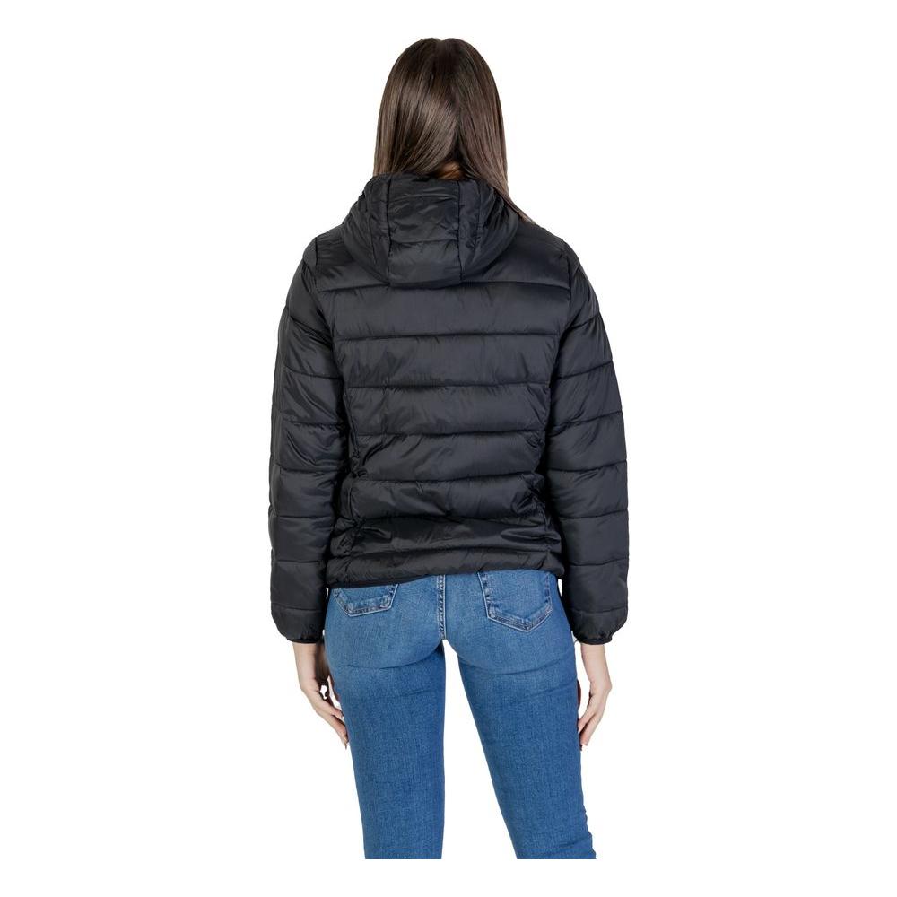 B.Young women's black nylon fall/winter jacket, rear view showing hooded design and padding.