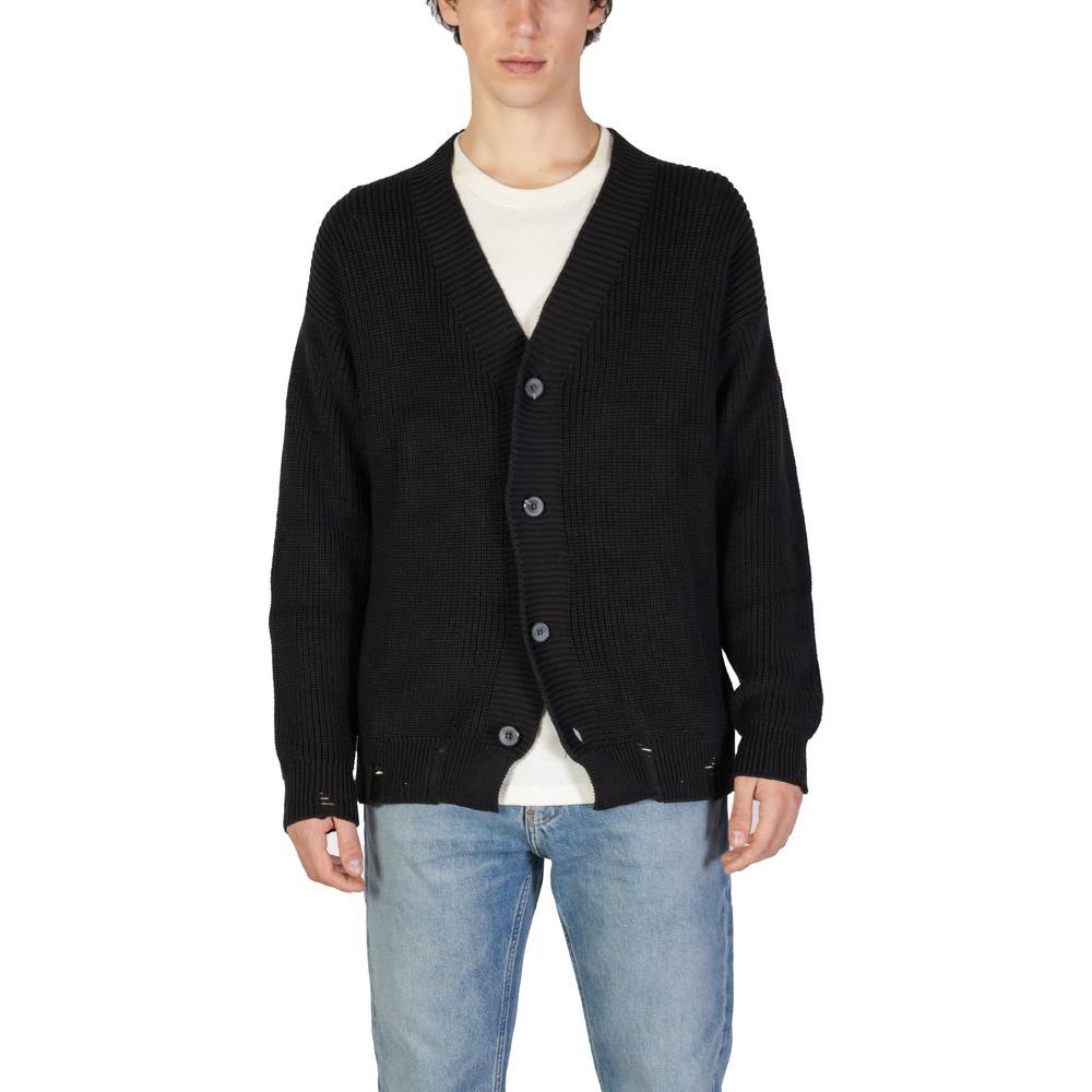 Men's black cotton cardigan by Underclub, part of fall/winter knitwear collection, made from 50% cotton and 50% acrylic.