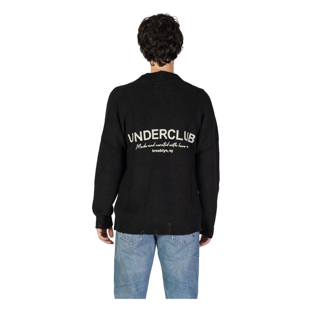 Back view of Underclub men's black cotton cardigan from fall/winter collection, featuring text detail, made of 50% cotton and 50% acrylic.