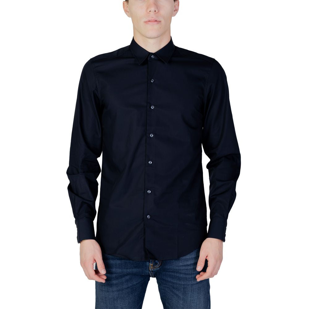 Antony Morato blue cotton shirt, long-sleeve model NAPOLI MMSL00628-FA400078, shown with button-up design and elegant fit, front view.