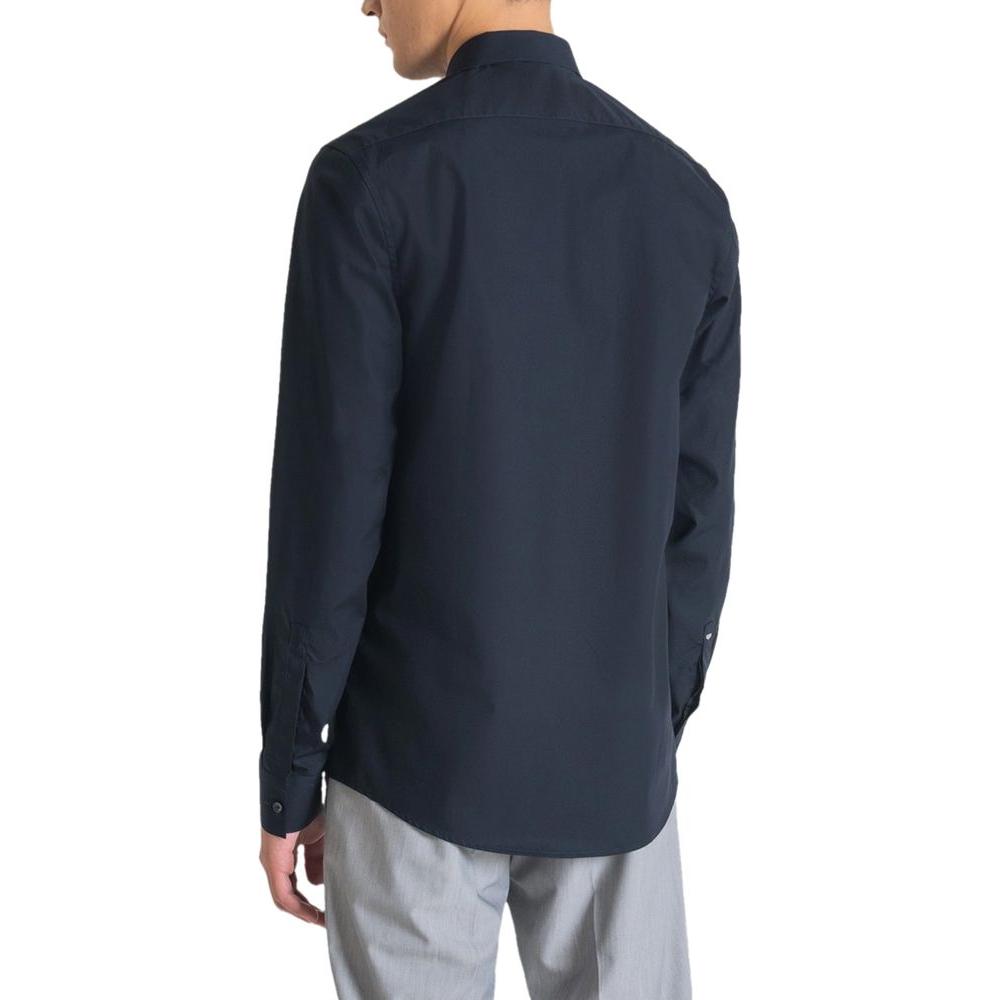 Back view of Antony Morato blue cotton slim fit long-sleeve shirt, ideal for formal occasions or casual-chic look.