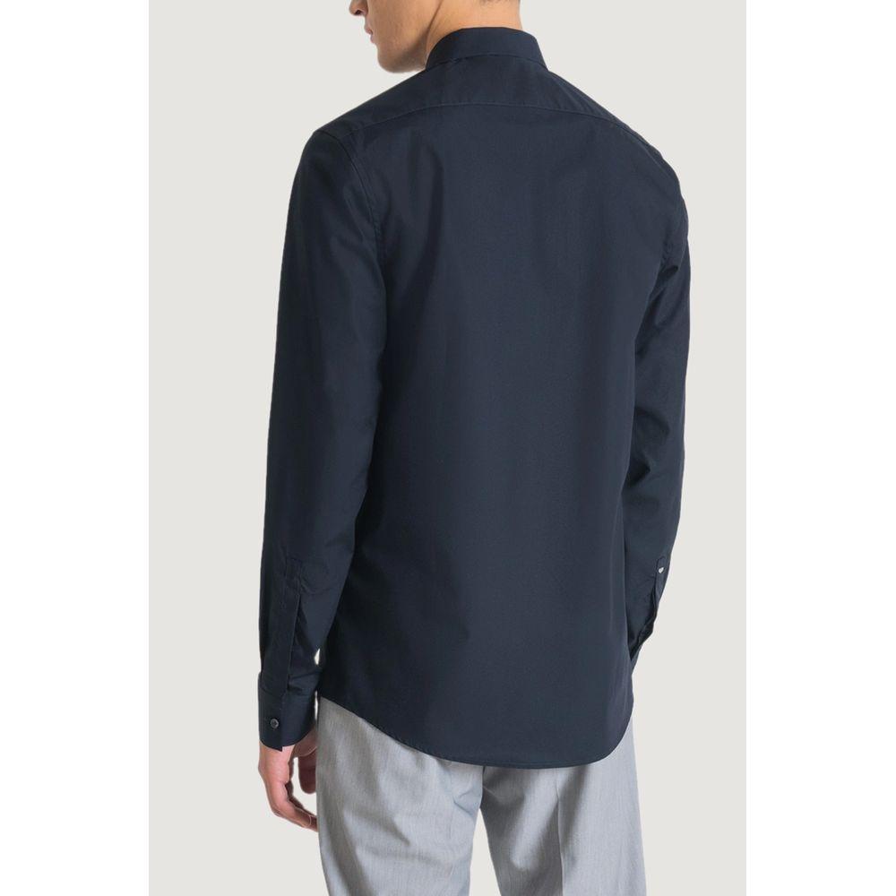 Antony Morato blue cotton long-sleeve shirt, slim fit, back view on model, perfect for formal or casual occasions.