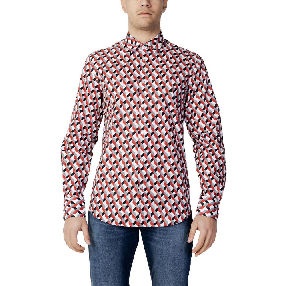 Antony Morato men's long sleeve red cotton shirt, spring/summer collection, featuring geometric pattern, worn with jeans.