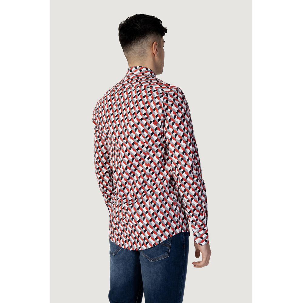 Back view of a man wearing Antony Morato red cotton shirt, men's long sleeve, part of spring/summer collection, denim jeans.