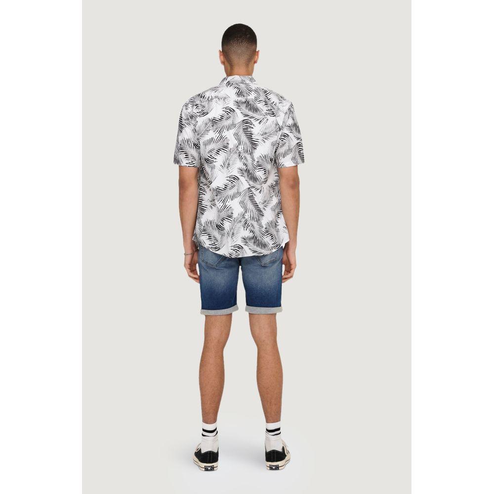 Back view of model wearing Only & Sons white cotton short-sleeved shirt, spring/summer collection, with a leafy pattern.