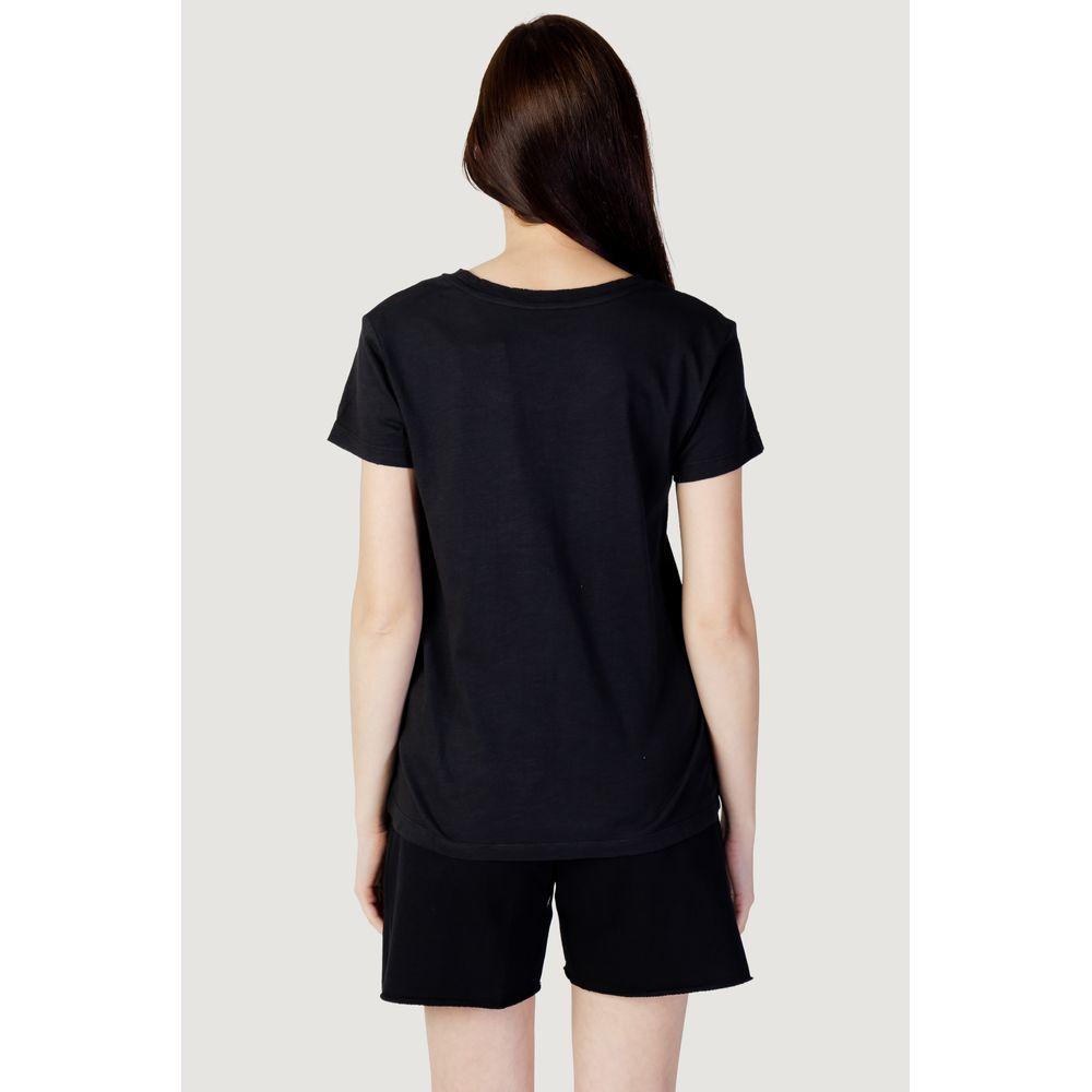 Back view of woman wearing Blauer black cotton T-shirt from women's Spring/Summer collection, 100% cotton.