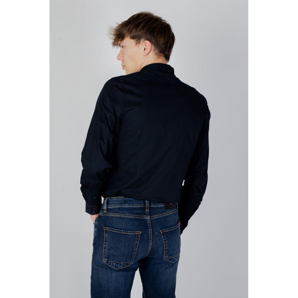 Man wearing Antony Morato blue cotton long sleeve shirt, autumn/winter collection, back view
