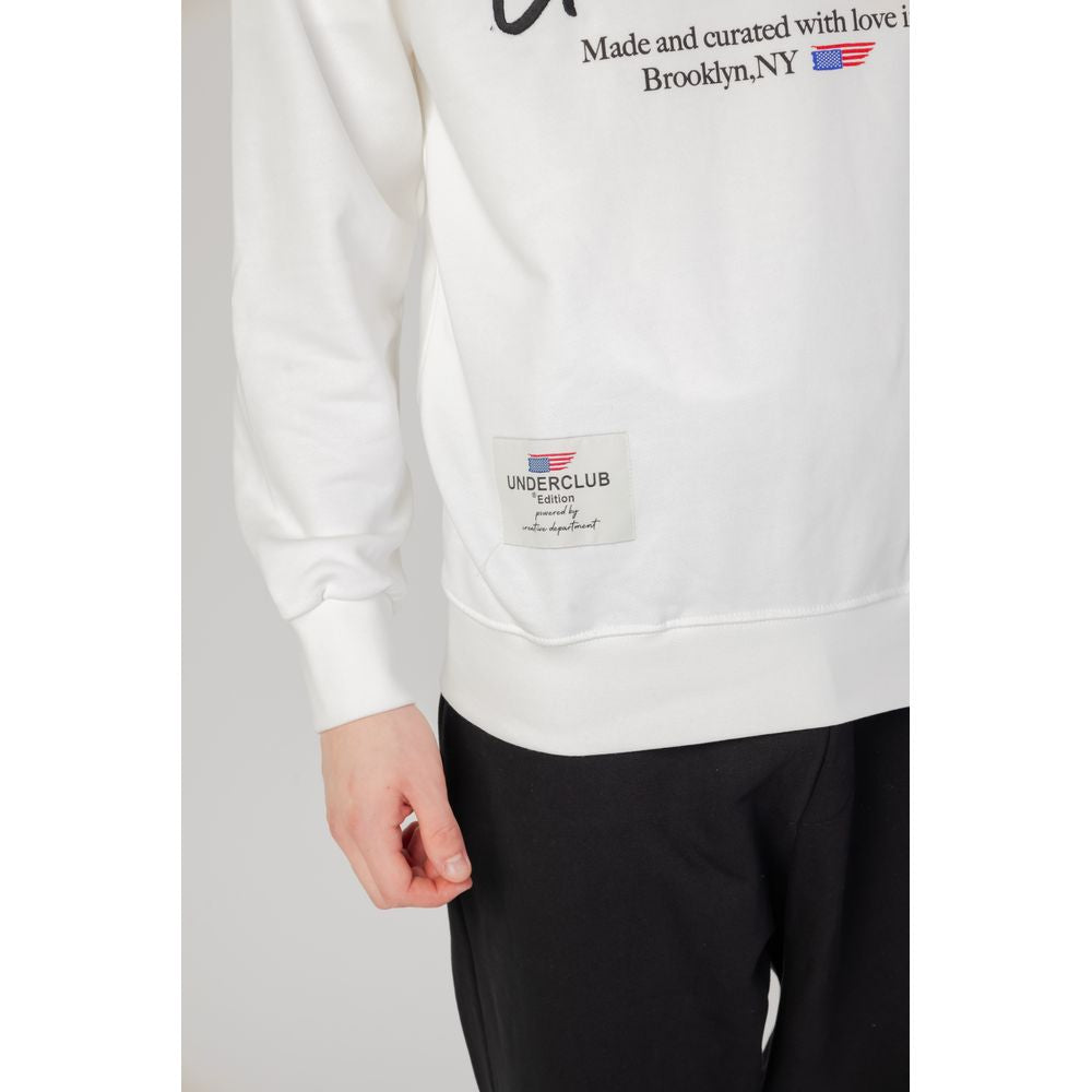 Underclub white cotton sweater for men, hoodless design, autumn/winter collection, featuring logo patch, made in Brooklyn, NY.