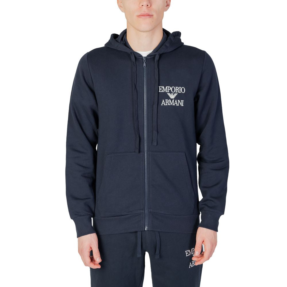 Emporio Armani blue hooded sweatshirt with embroidered logo, features front zip and side pockets, made from cotton and polyester blend.