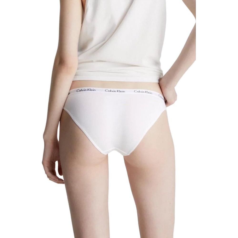 Back view of Calvin Klein white cotton bikini underwear showcasing logo waistband, highlighting comfortable fit and sleek style.