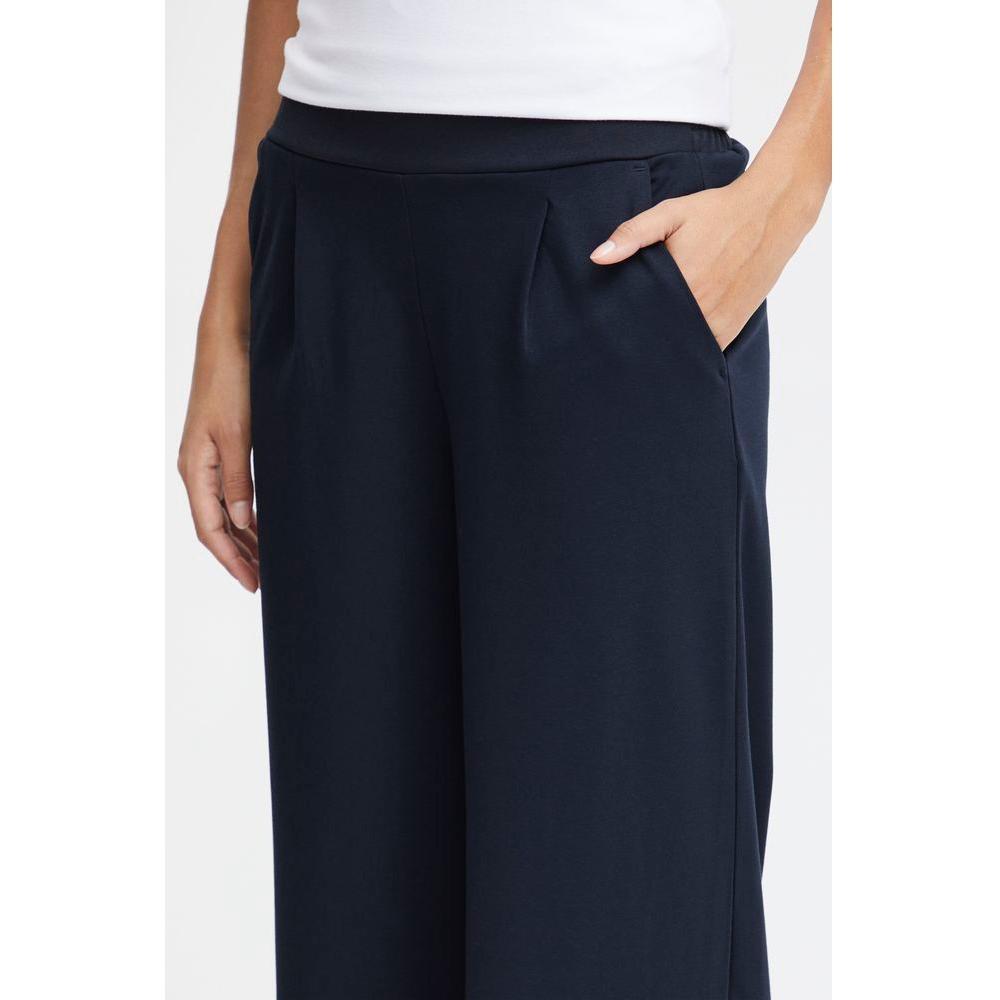 ICHI Blue Recycled Polyurethane Women's Regular Pants, Fall/Winter Collection; made of 74% recycled polyester, 22% viscose, 4% elastane.