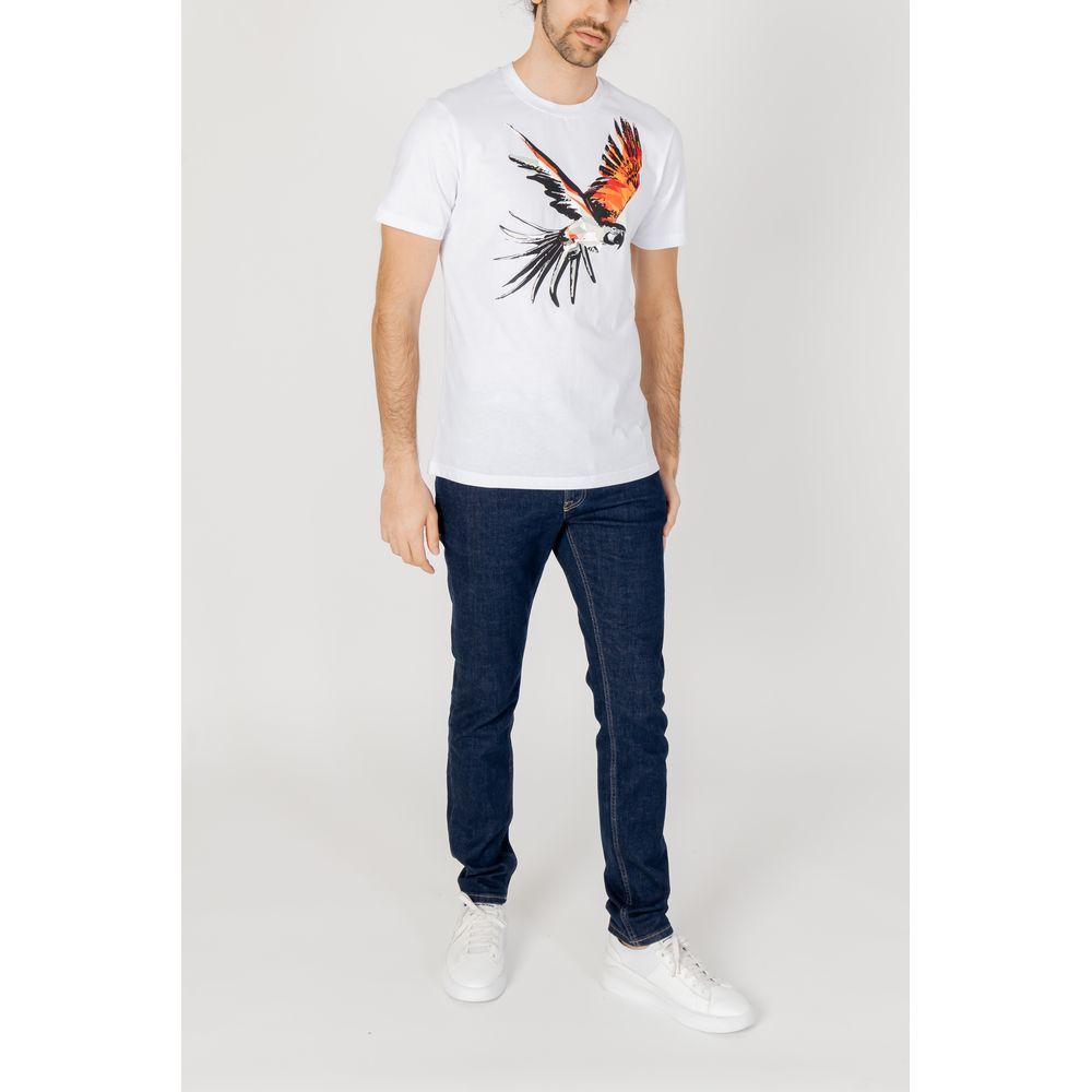 Man wearing an Antony Morato white cotton t-shirt with bird print, paired with blue jeans and white sneakers for a casual look.