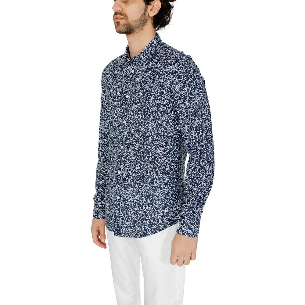 Antony Morato men's blue cotton shirt, long sleeve, spring/summer collection, side view of model.