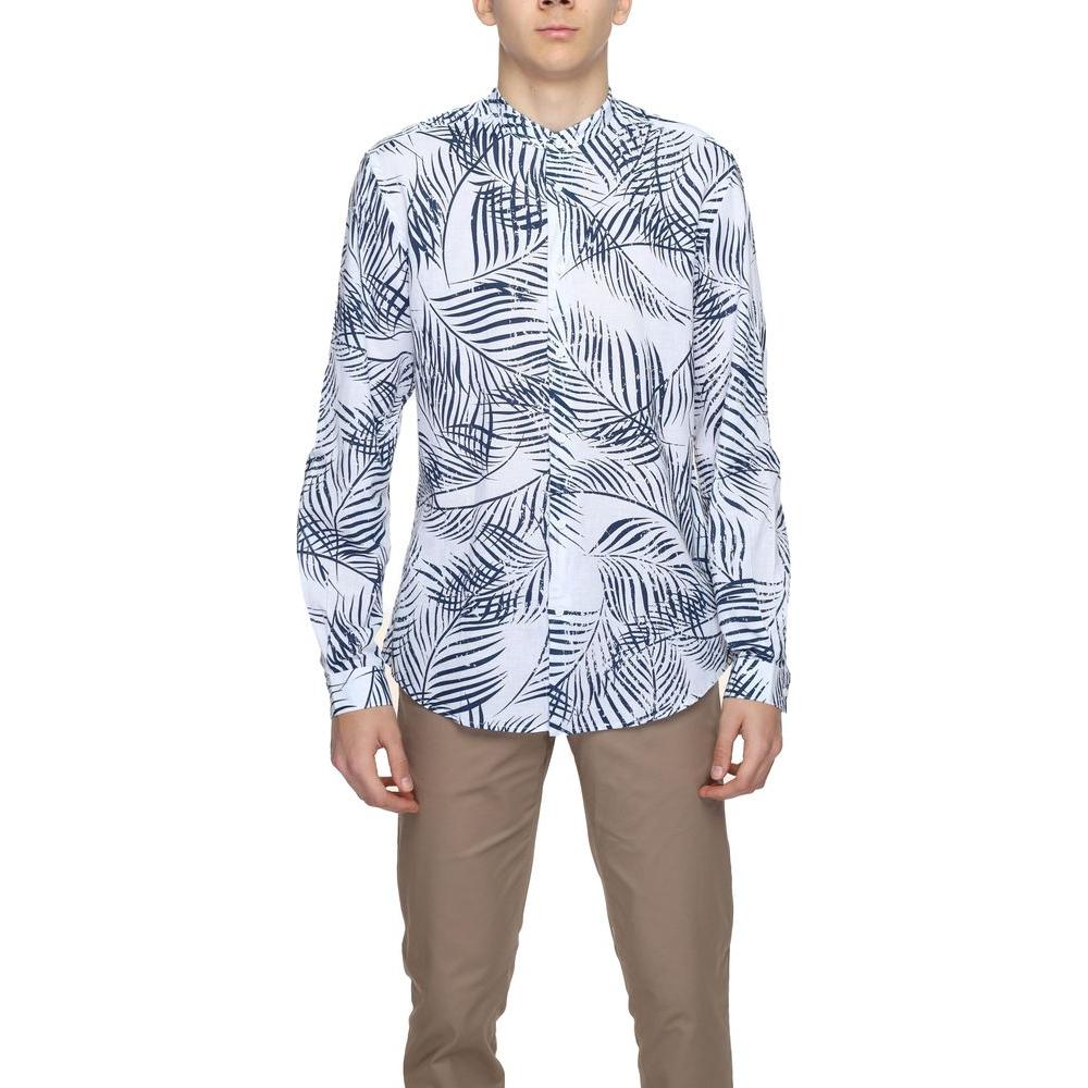 Men's long sleeve shirt with blue leaf pattern, spring/summer collection, cotton blend, featuring a modern classic fit.