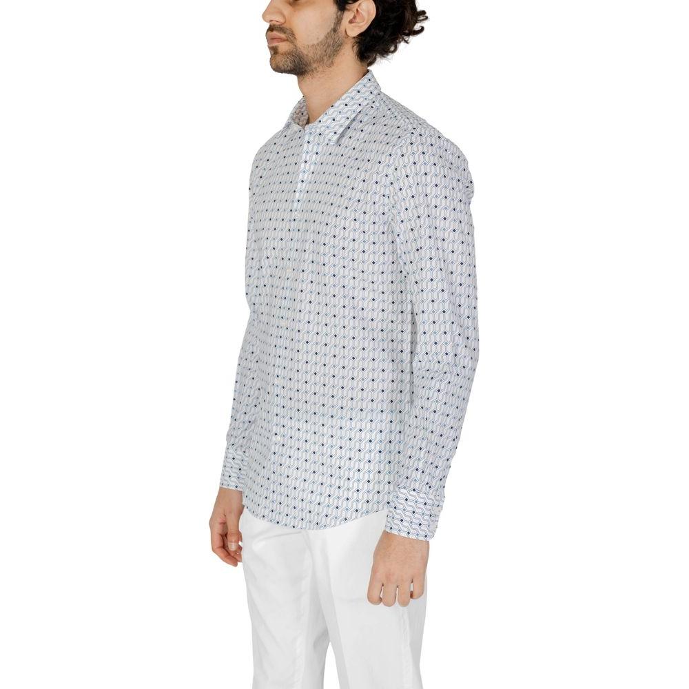 Model wearing Antony Morato blue cotton men's long sleeve shirt from Spring/Summer collection.