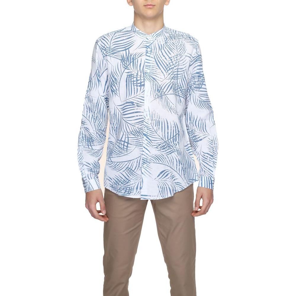 Antony Morato men's blue cotton and linen long sleeve shirt, part of spring-summer collection with leaf pattern design.