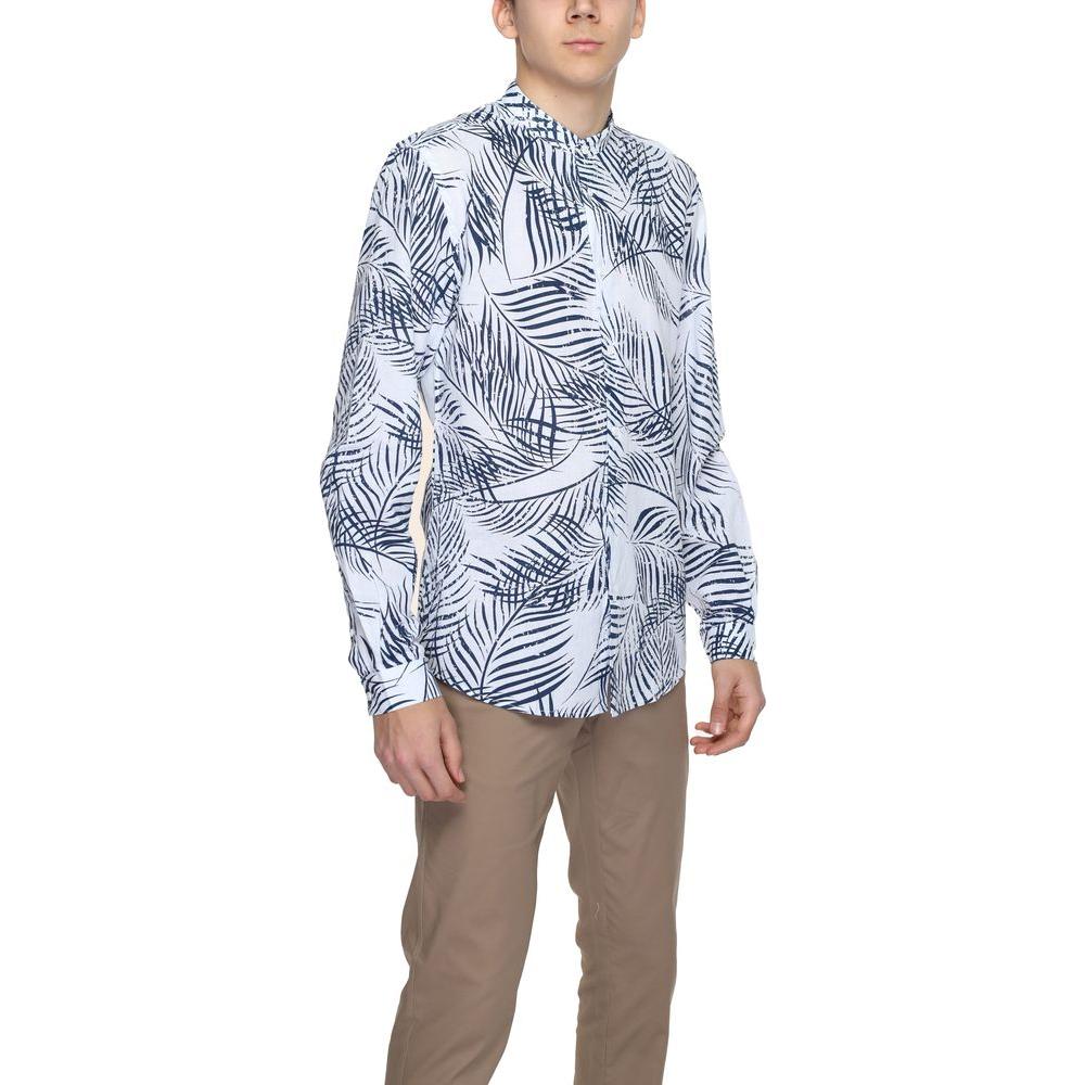 Men's long sleeve shirt with blue leaf pattern, spring/summer collection, made of 75% cotton and 25% linen.