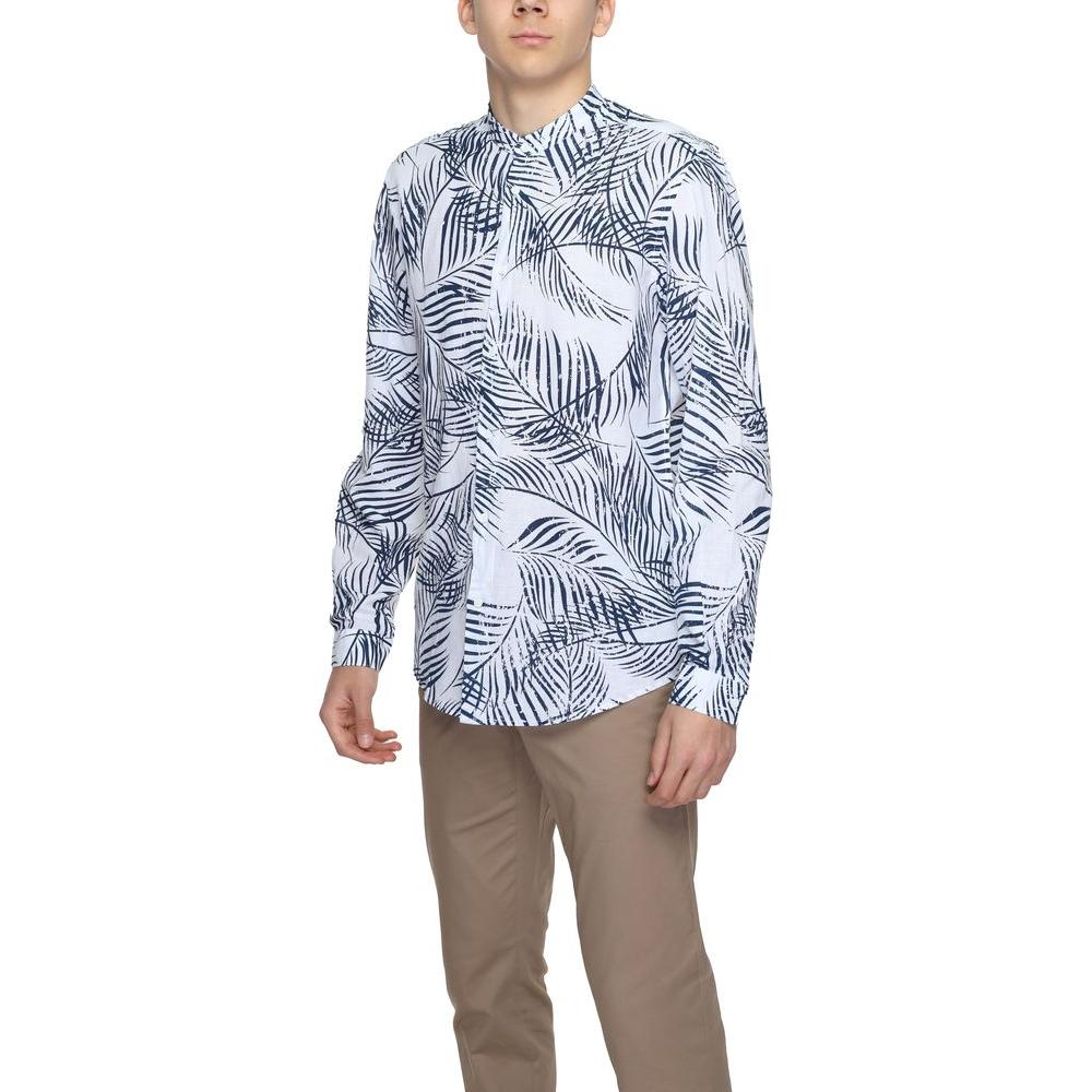 Men's long sleeve blue cotton shirt with leaf pattern, suitable for spring/summer, 75% cotton and 25% linen blend.