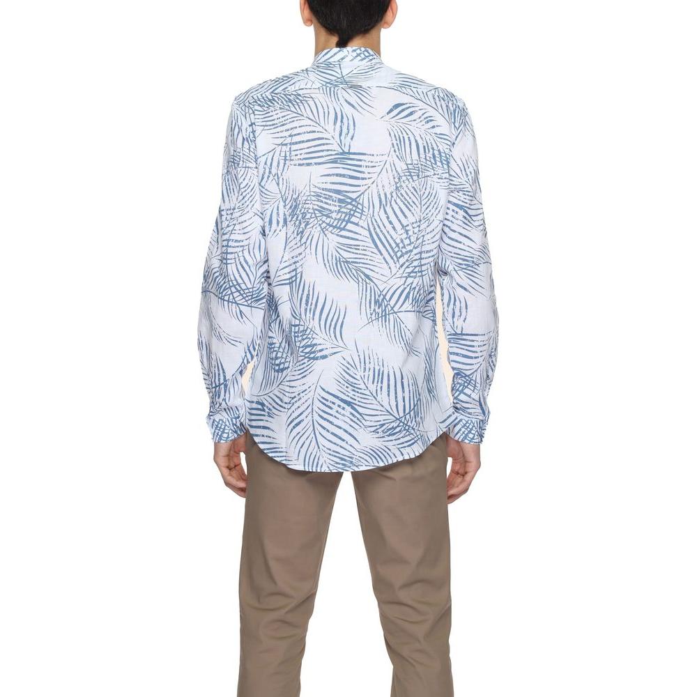 Back view of Antony Morato blue cotton-linen blend men's long sleeve shirt with palm print, ideal for a spring/summer wardrobe.
