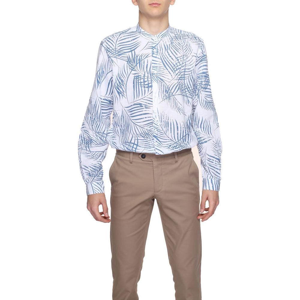Men's blue patterned long sleeve shirt by Antony Morato, cotton-linen blend, perfect for spring/summer fashion collection.