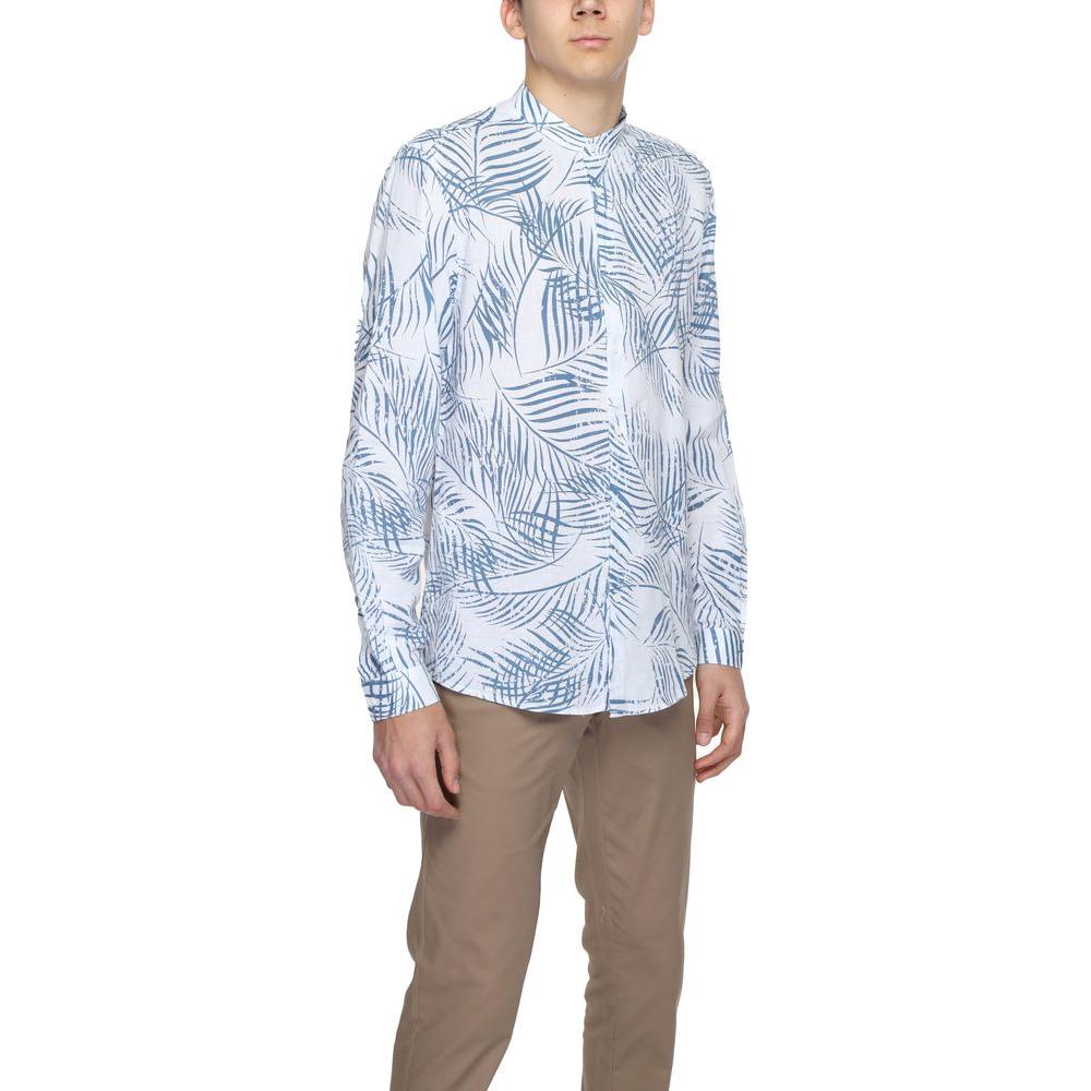 Antony Morato blue cotton and linen long sleeve shirt from spring/summer collection, featuring leaf pattern, worn by male model.