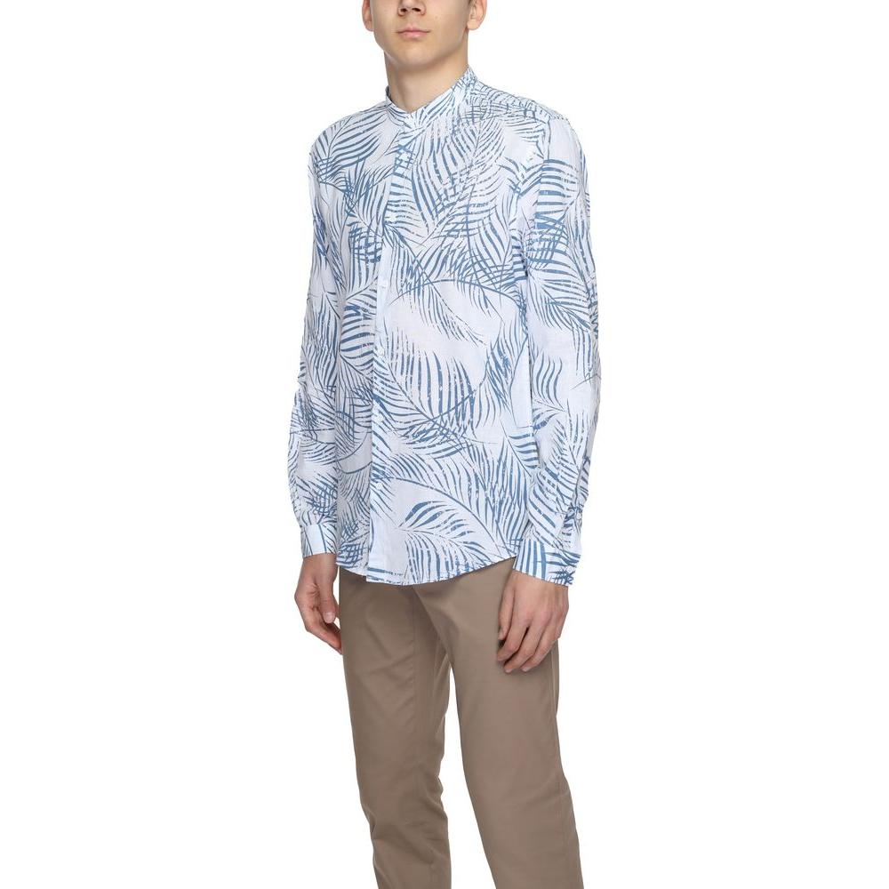 Man wearing Antony Morato blue cotton long sleeve shirt, featuring a leaf pattern, from the spring/summer collection.