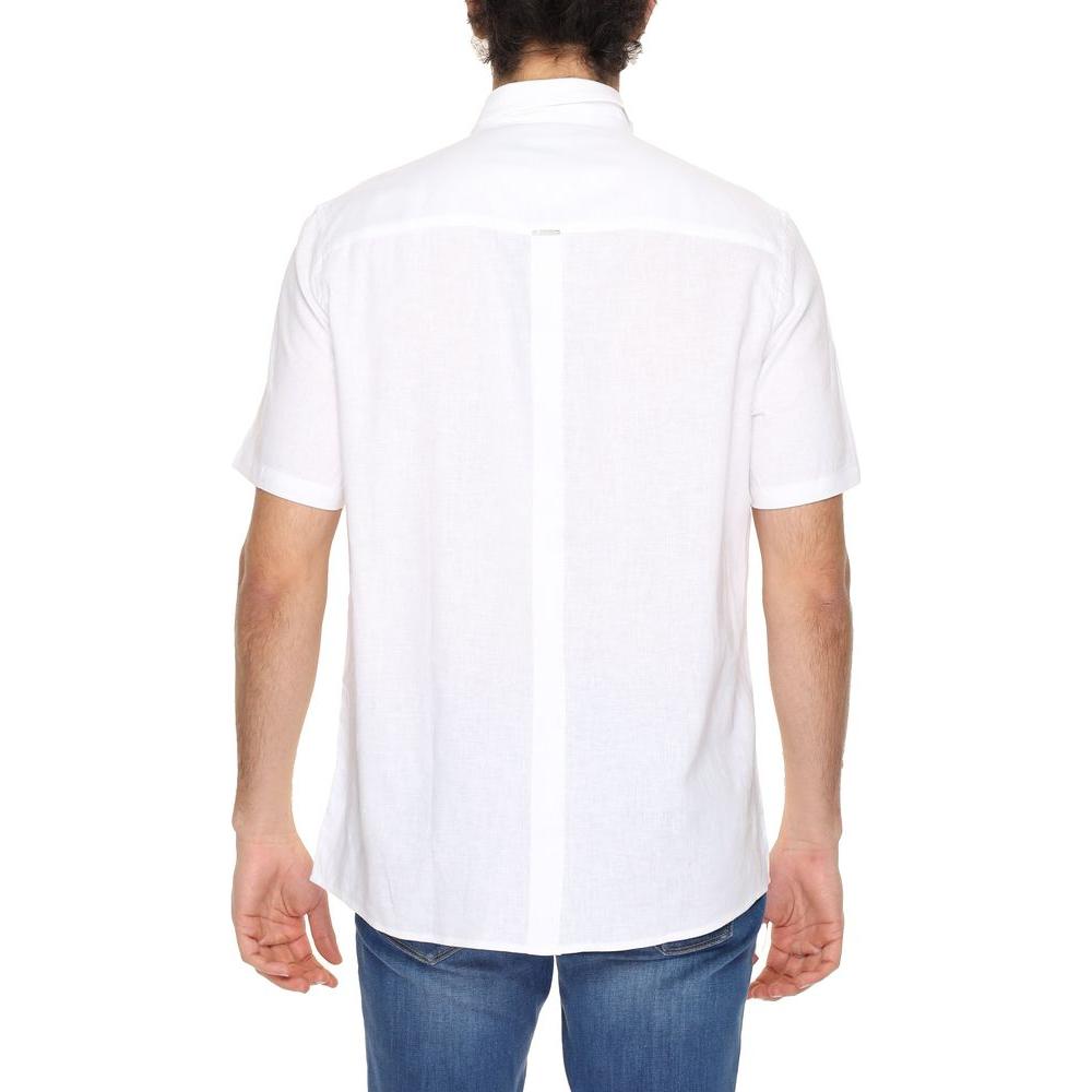 Back view of Antony Morato men's white linen short sleeve shirt, part of the spring/summer collection.