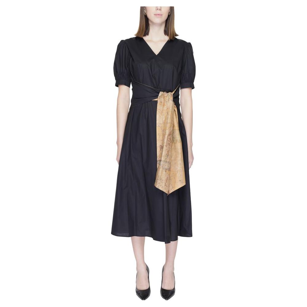 Alviero Martini Prima Classe black cotton dress, women's long spring/summer collection, 100% cotton, with stylish tan accent scarf.