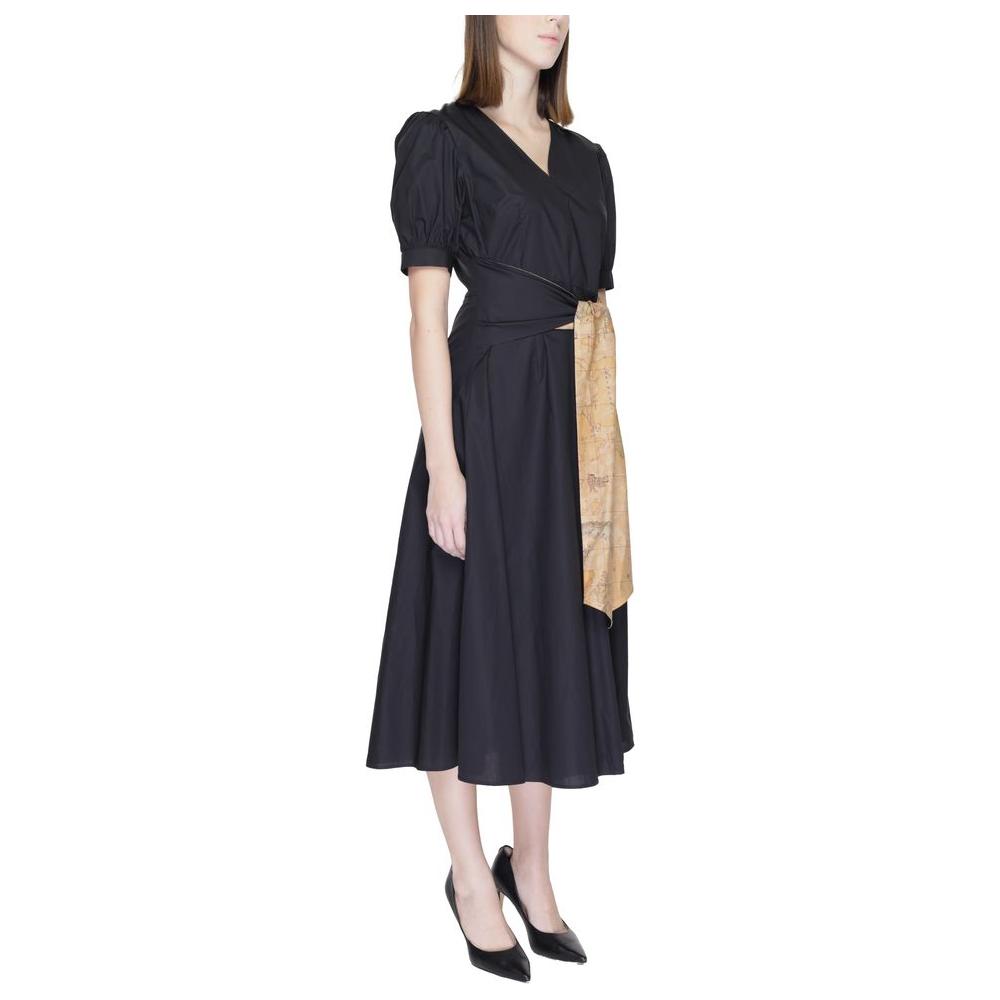 Alviero Martini Prima Classe black cotton dress, women's long spring/summer collection, featuring a wrap tie and elegant design.