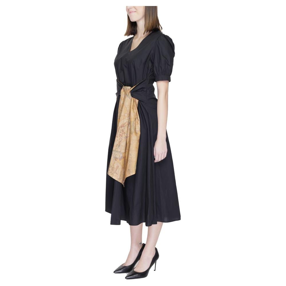 Alviero Martini Prima Classe black cotton long dress for women, spring/summer collection, featuring an elegant design with a unique belt.