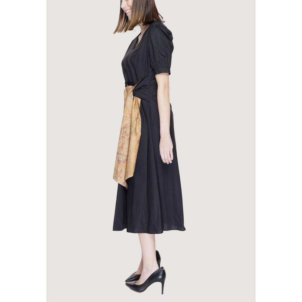 Woman wearing Alviero Martini Prima Classe black cotton long dress, perfect for spring/summer collection fashion outfit