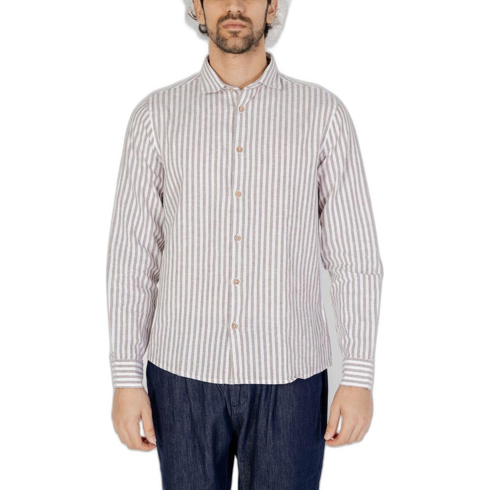 Hamaki-Ho brown linen long-sleeved shirt for men, part of spring/summer collection, shown with vertical stripes.
