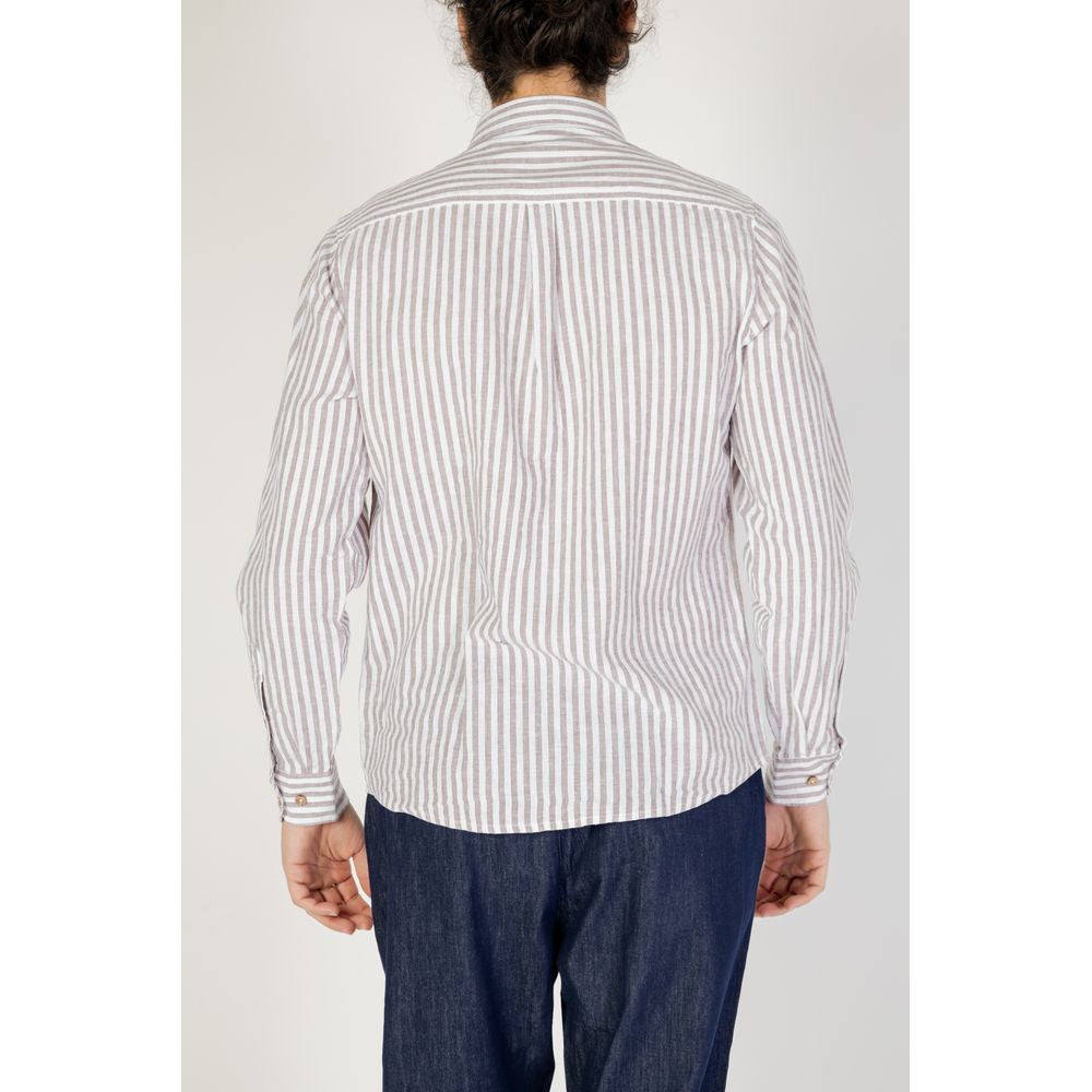 Back view of a Hamaki-Ho brown linen long-sleeved shirt, part of the spring/summer collection, styled with blue jeans.
