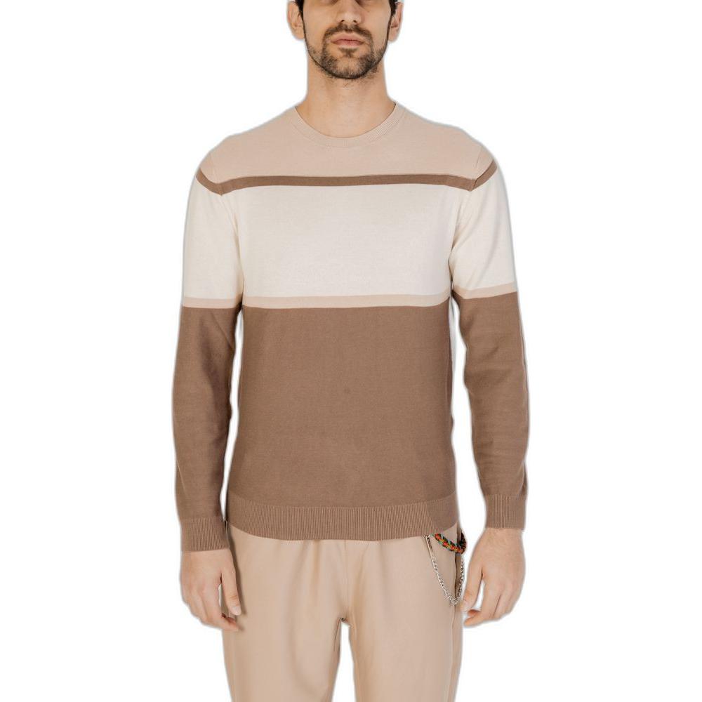 Men's beige and brown striped long-sleeve sweater made of cotton, featuring a modern color-block design, perfect for casual wear.