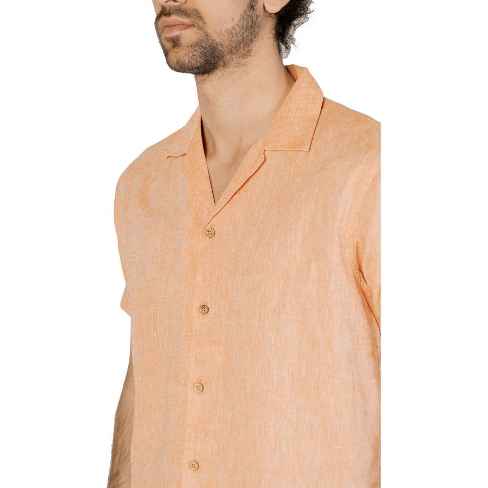 Hamaki-Ho orange short-sleeved linen shirt for men, spring/summer collection, 55% linen, 45% cotton, stylish and lightweight.