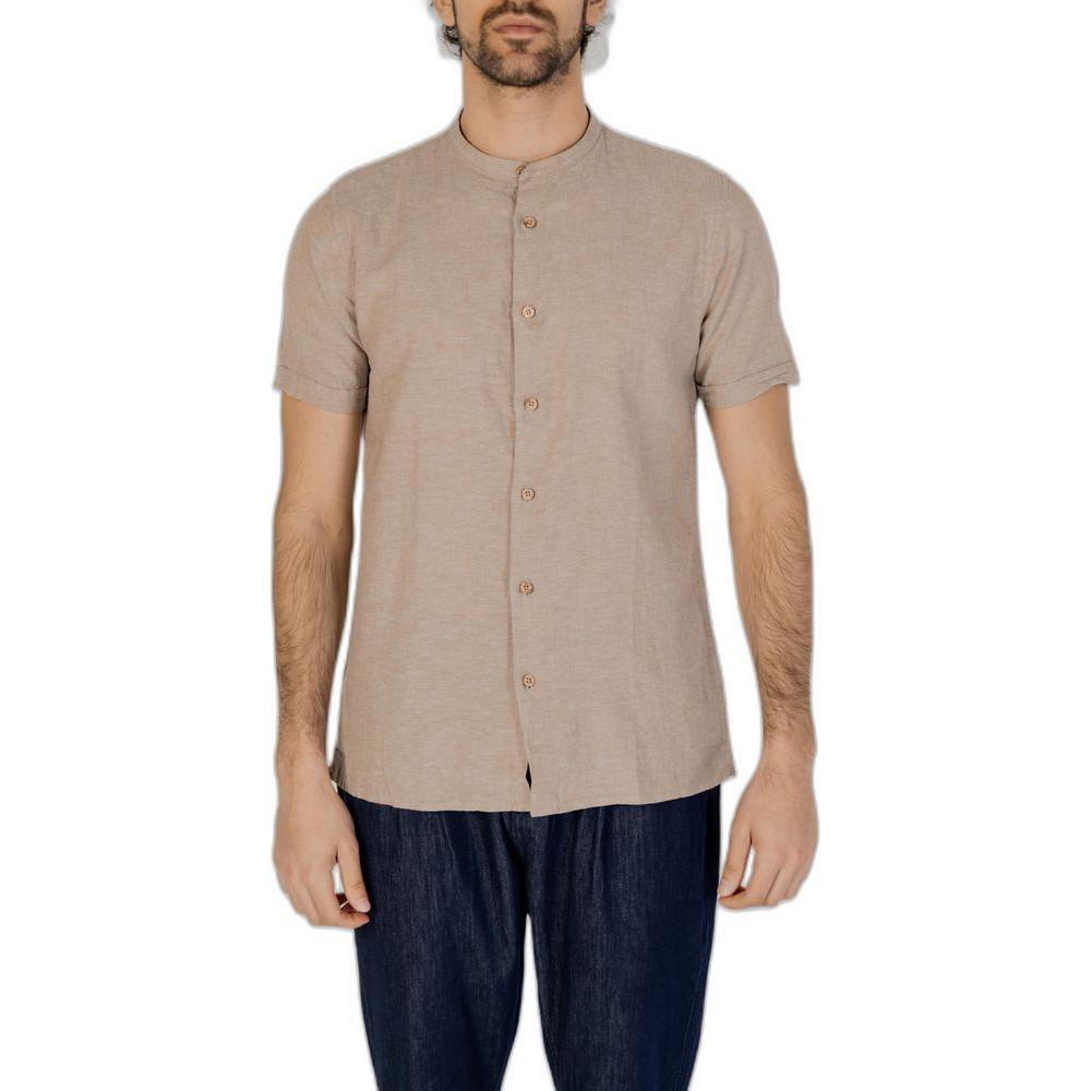 Hamaki-Ho men's beige short-sleeved linen shirt, spring/summer collection, made of 55% linen and 45% cotton.