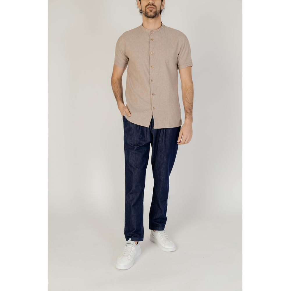 Hamaki-Ho beige linen shirt for men, short-sleeved, spring/summer collection, 55% linen, 45% cotton, casual style.