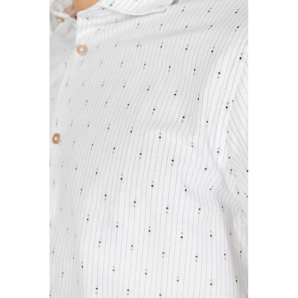 Close-up of Hamaki-Ho men's white cotton long sleeve shirt from Spring/Summer collection with subtle dot pattern.