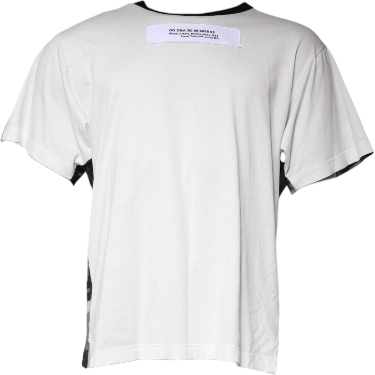 Dolce & Gabbana white camouflage cotton round neck t-shirt with minor defect visible on the front, showcasing logo details, short sleeves.