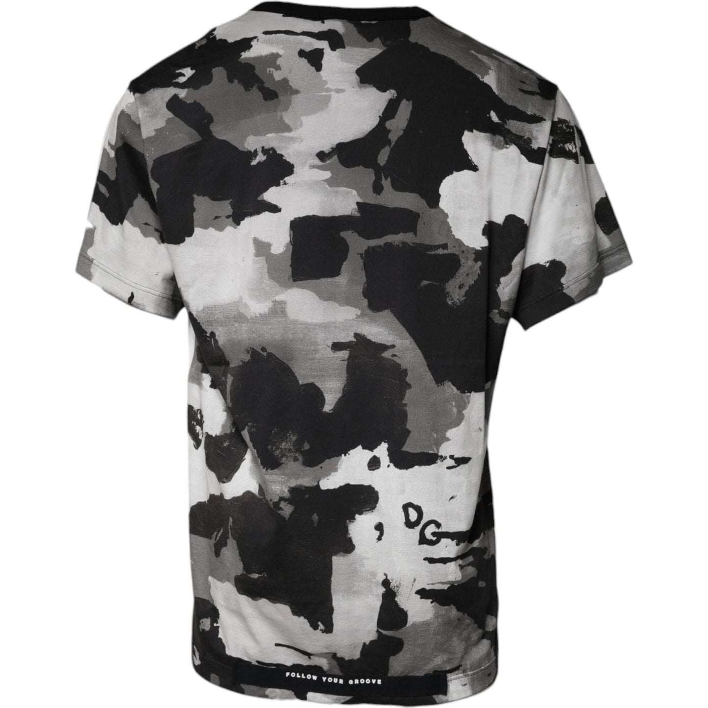 Back view of a Dolce & Gabbana white camouflage cotton round neck t-shirt featuring logo details and a unique pattern.