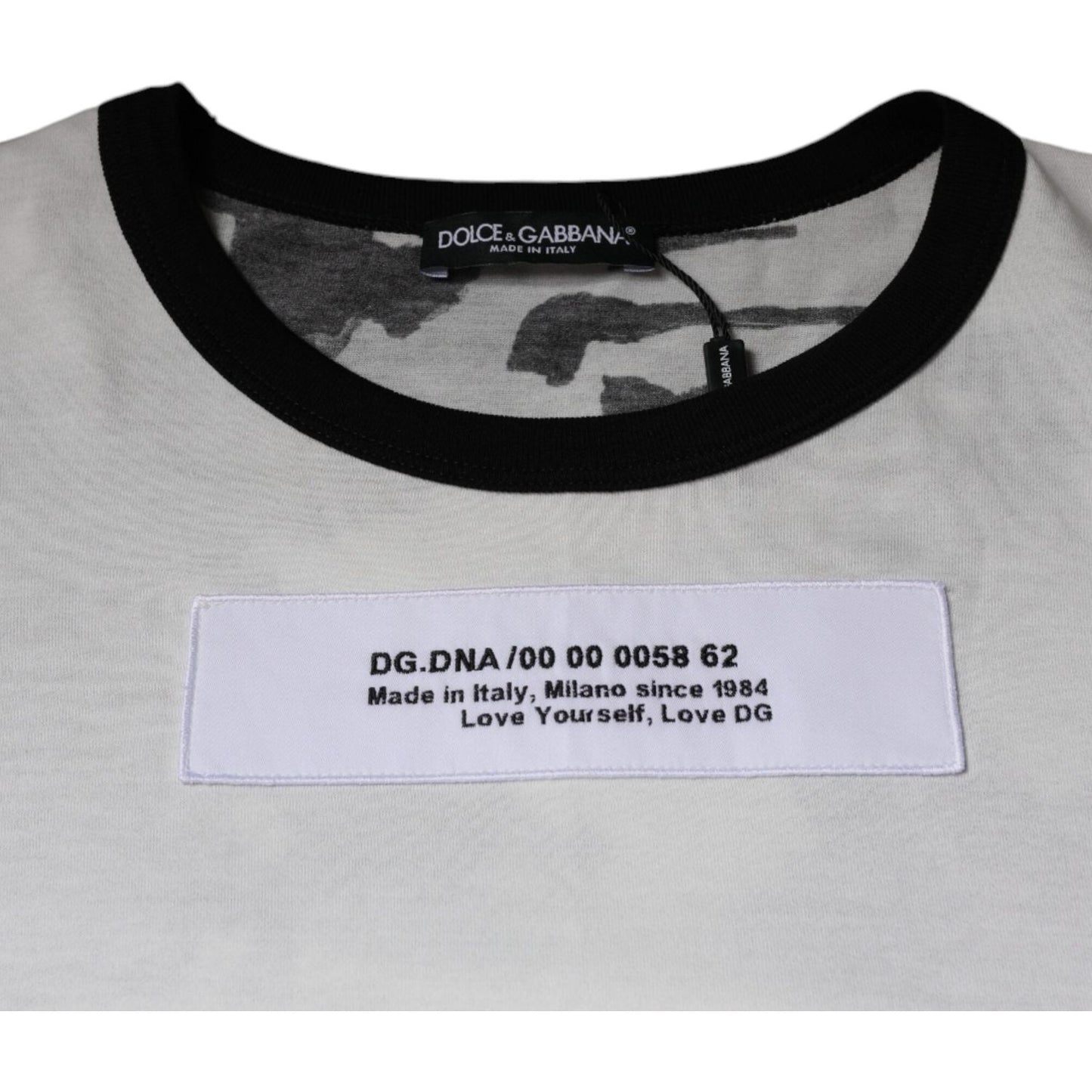 Dolce & Gabbana white camouflage cotton round neck t-shirt with logo detail, made in Italy, Milano since 1984, minor defect on front.