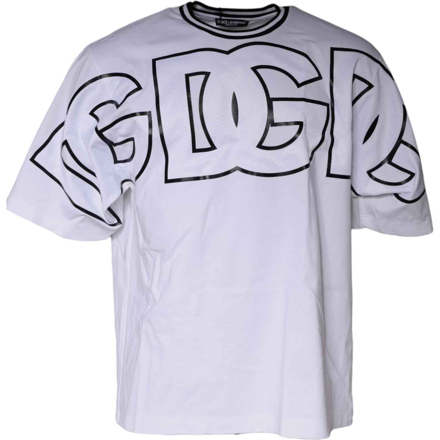 Dolce & Gabbana white crew neck t-shirt with logo print, short sleeves, cotton blend. Minor stain defect visible. Made in Italy.