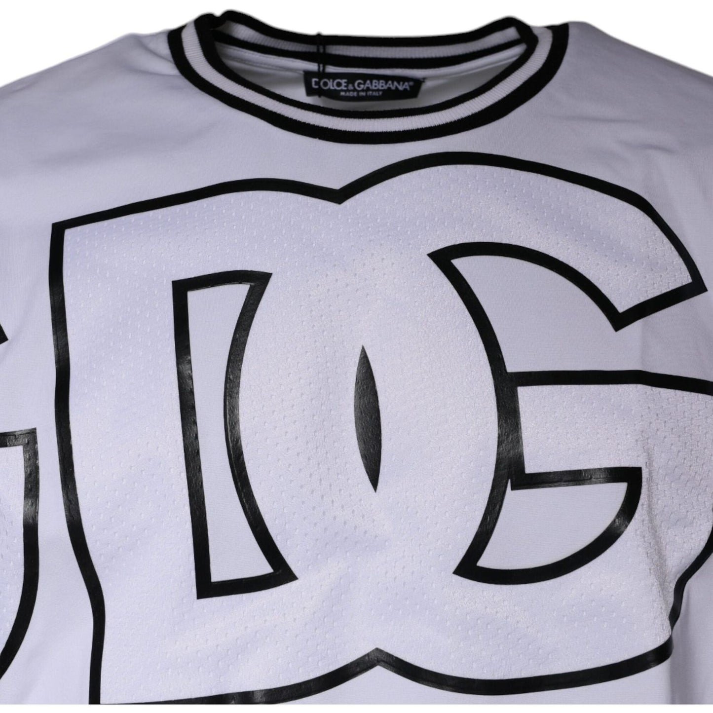 Dolce & Gabbana white crew neck t-shirt with black logo print, made of cotton blend, featuring minor front-side stains.