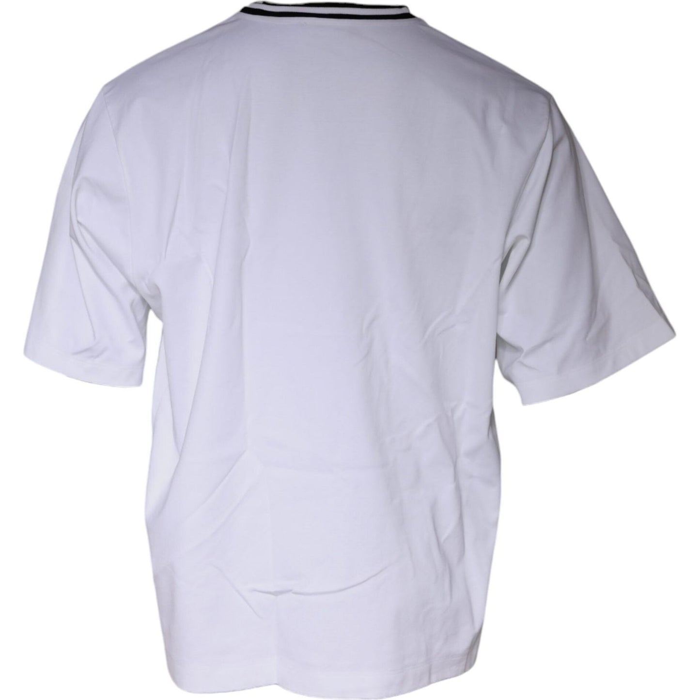 Back view of Dolce & Gabbana white logo print crew neck t-shirt made of cotton, nylon, and elastane, with short sleeves and minor front stains.