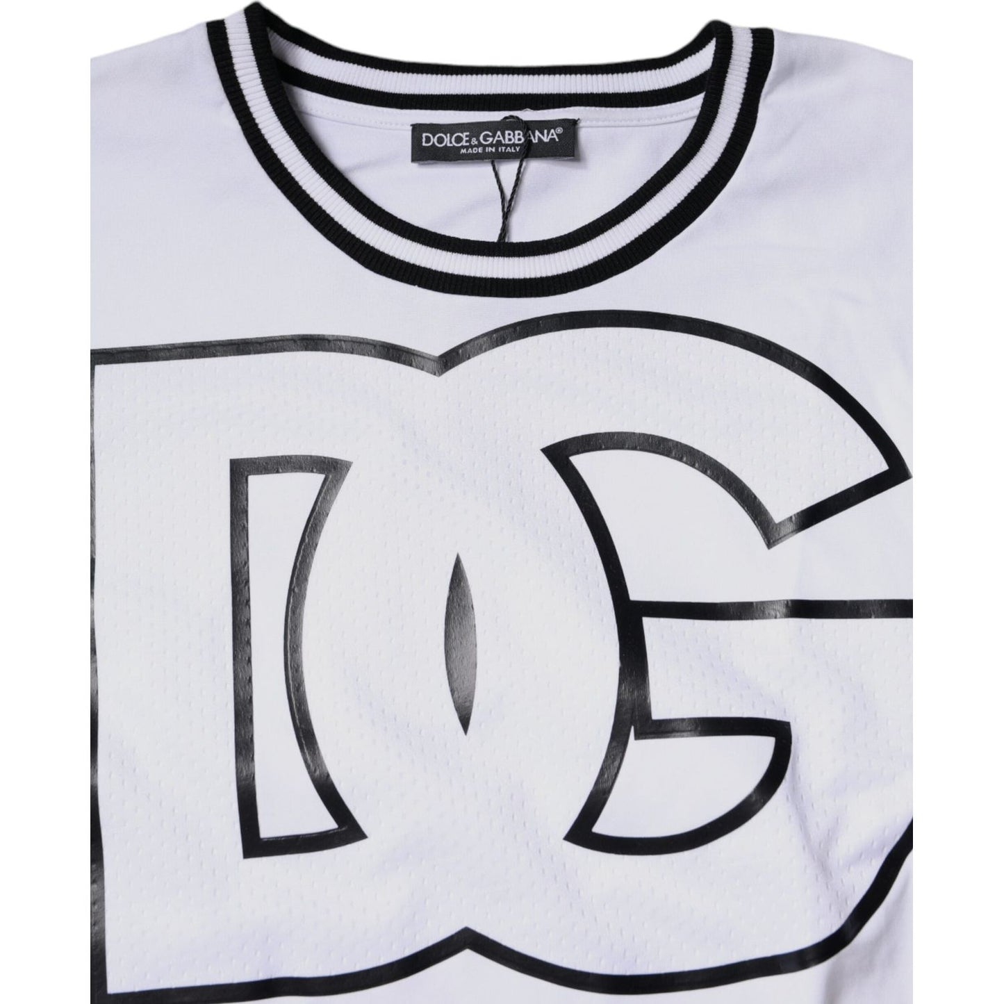 Dolce & Gabbana white logo print crew neck t-shirt showing DG logo and black trim design, made in Italy, with minor front side stains.