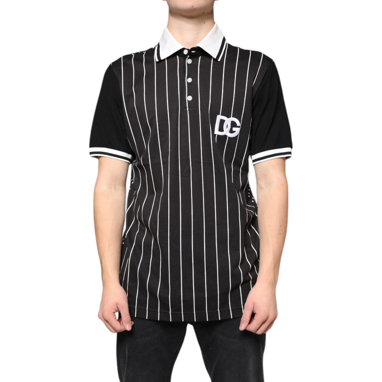 Dolce & Gabbana black and white striped collared polo t-shirt with logo, short sleeves, and button closure.