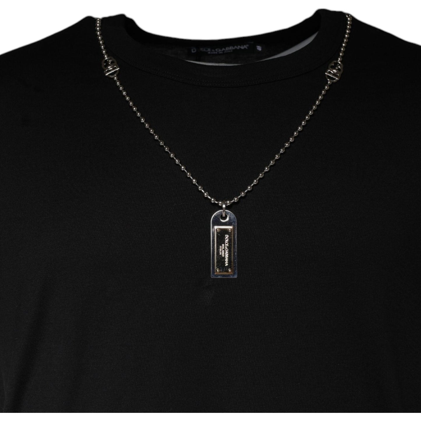 Dolce & Gabbana black cotton T-shirt with necklace embellishment, featuring logo, made in Italy. Casual style, new with tags.